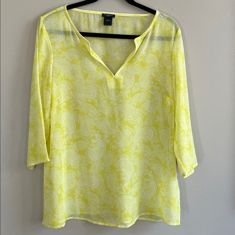 Ann Taylor yellow and white paisley sheer v neck 3/4 sleeve blouse size large P